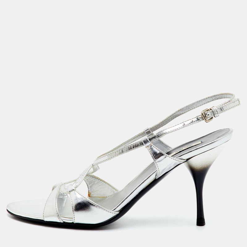 Miu Miu Size 36 Metallic Silver Leather Open Toe Slingback Sandals